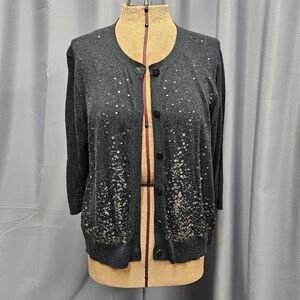 Eileen Fisher Organic Cotton & Cashmere Navy Blue Cardigan with Sequins (Large)